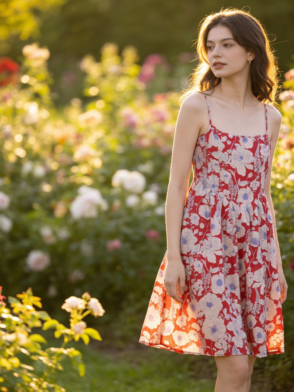 Anthropologie Red Floral Midi Dress with Spaghetti Straps